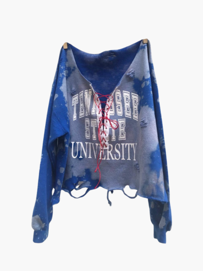 Handmade TSU Distressed Lace-Up Off-Shoulder Cropped Sweatshirt