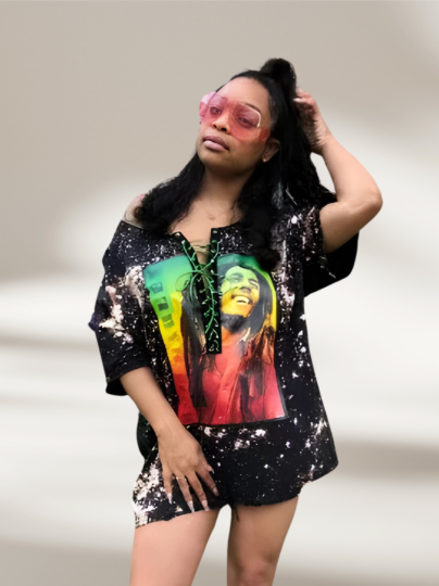 Handmade Bob Marley Distressed Lace-Up T-Shirt
