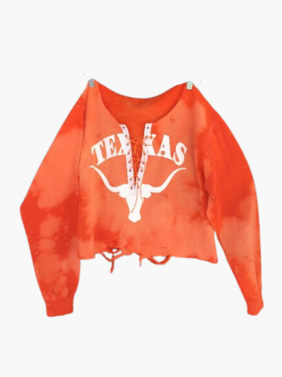 Handmade Texas Longhorns Lace Up Light Distress Crop Sweatshirt