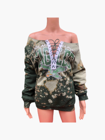 Handmade Philadelphia Eagles Vintage Bird Distressed Lace Up Off Shoulder Sweatshirt