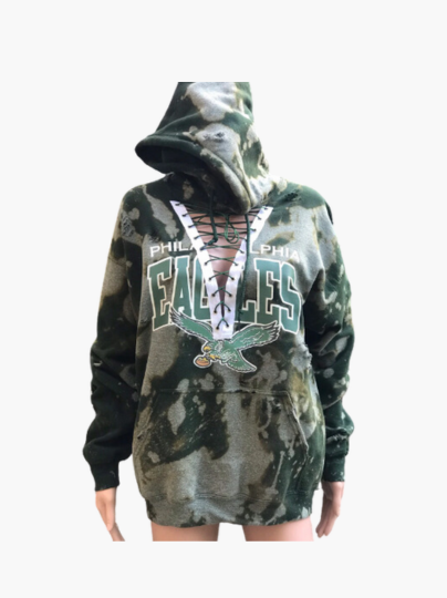 Handmade Philadelphia Eagles Vintage Bird Distressed Lace Up Hoodie
