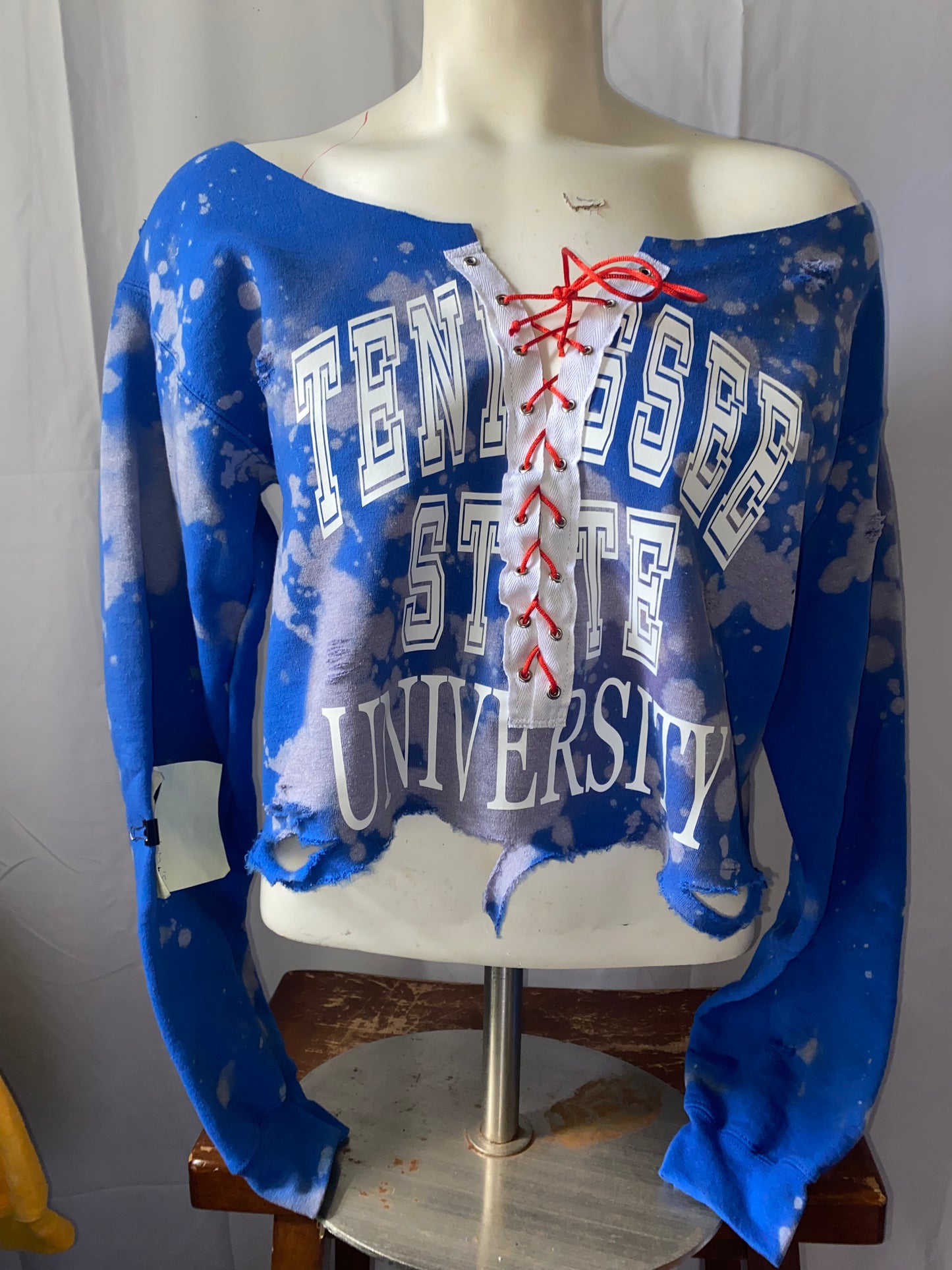 Handmade TSU Distressed Lace-Up Off-Shoulder Cropped Sweatshirt