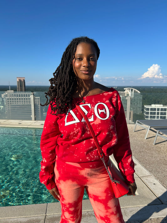 The Starlette Handmade White Glitter ΔΣΘ DST Greek Symbols on Red Dyed Sweatshirt