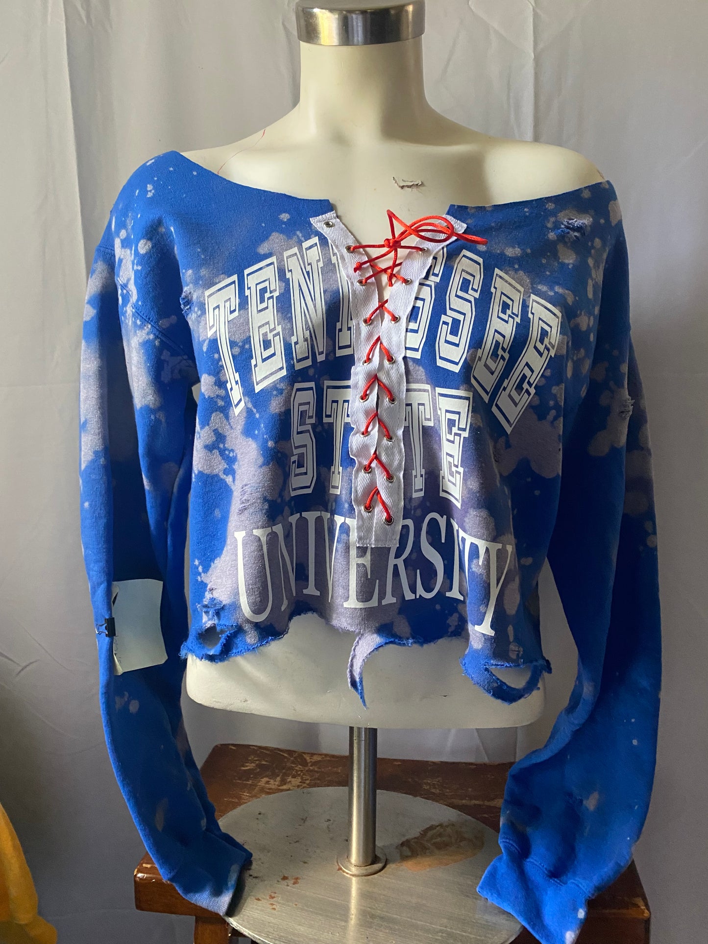 Handmade TSU Distressed Lace-Up Off-Shoulder Cropped Sweatshirt