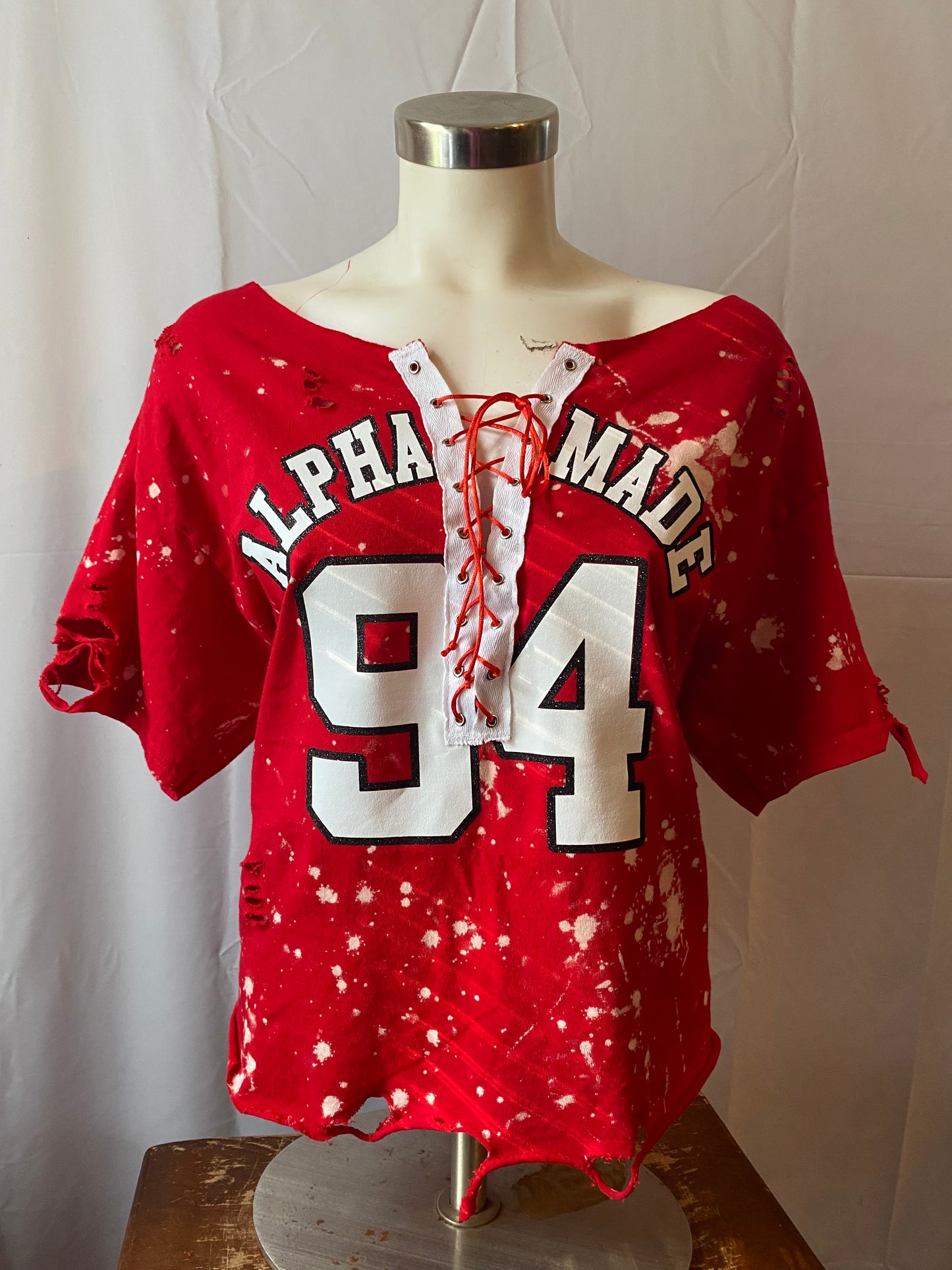 The "Sids" Handmade Alpha Made 'Your Year' White Glitter on Red Dyed Lace Up T-Shirt