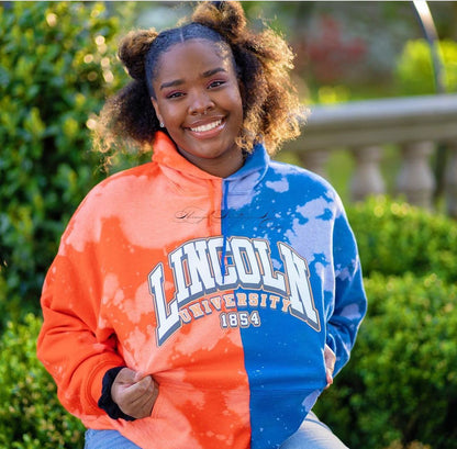 Handmade Lincoln University Orange Blue Bleached Half and Half Unisex Hoodie with Pockets