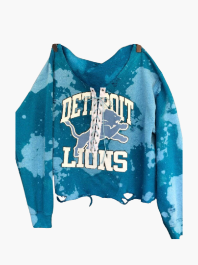 Handmade Detroit Lions Lace Up Off Shoulder Sweatshirt Cropped or Full Length