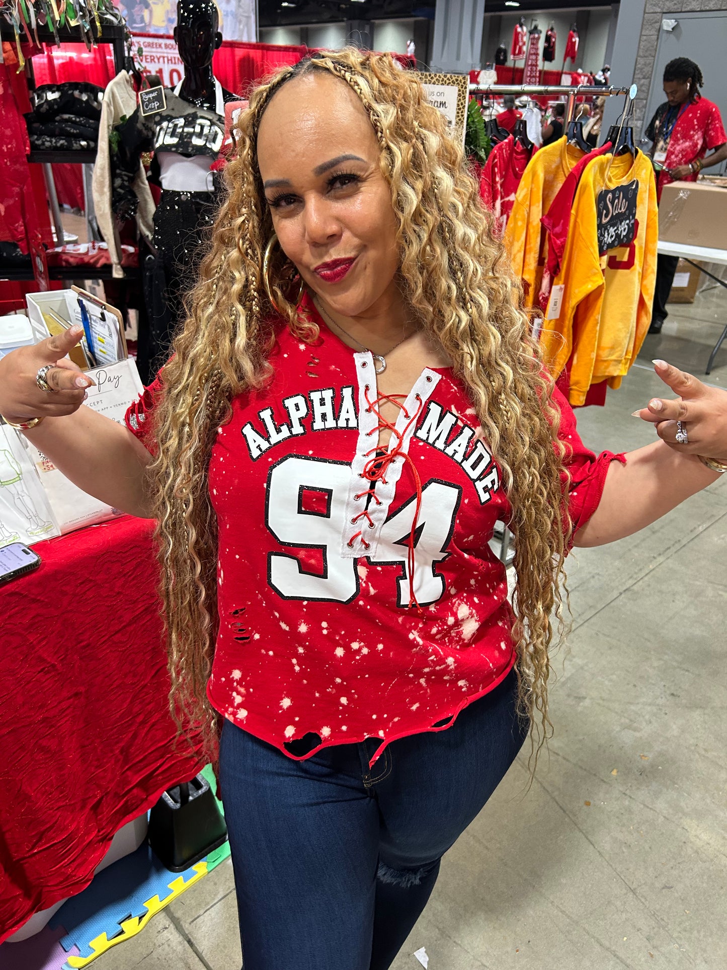 The "Sids" Handmade Alpha Made 'Your Year' White Glitter on Red Dyed Lace Up T-Shirt
