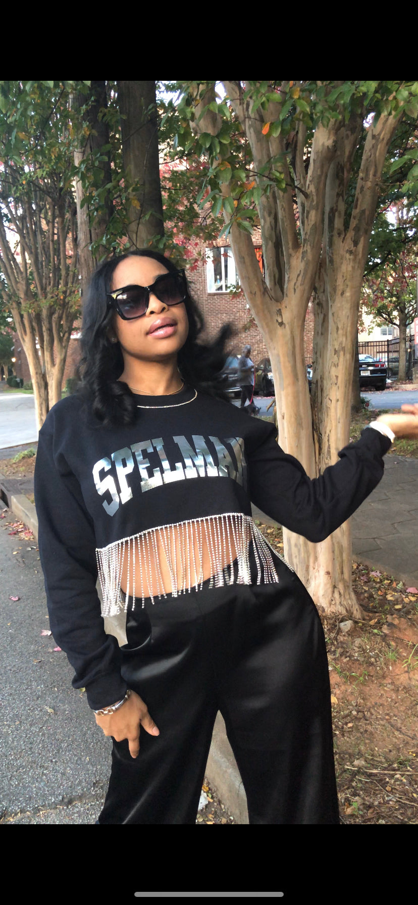 Black cropped Spelman sweatshirt with rhinestone fringe and rhinestone trim