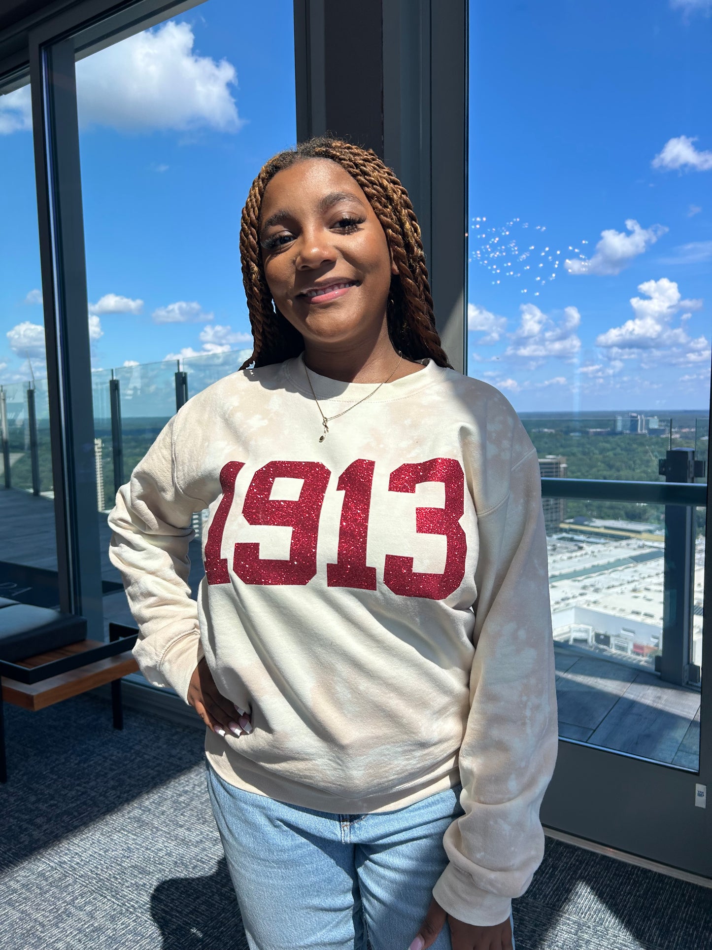 Handmade 1913 Red Glitter on Cream Crew Neck or Off Shoulder Sweatshirt