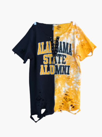 Handmade Alabama State Alumni Half and Half Distressed Off-Shoulder Lace-Up T-Shirt
