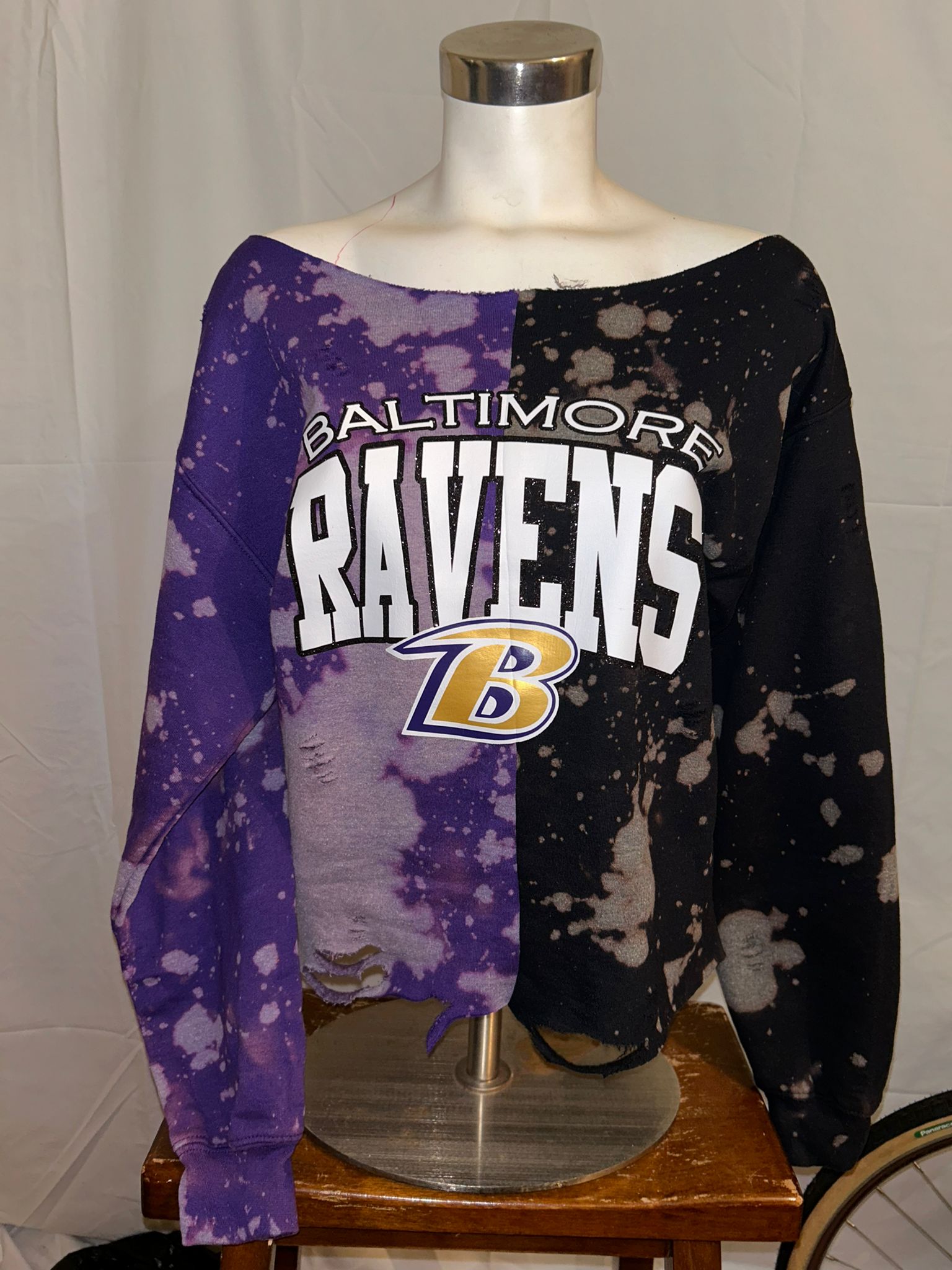 Handmade Baltimore Ravens Half and Half Hand Bleached Sweatshirt