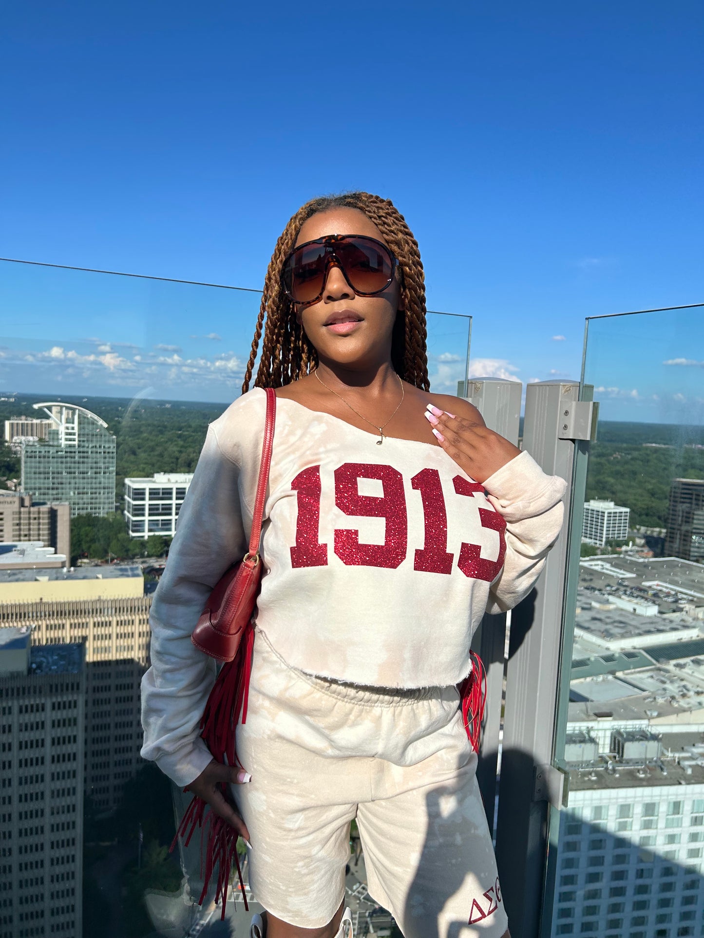 Handmade 1913 Red Glitter on Cream Crew Neck or Off Shoulder Sweatshirt