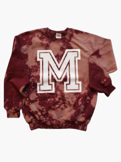 Maroon and White Morehouse M Crew Neck Unisex Hand Bleached Light Distress Sweatshirt