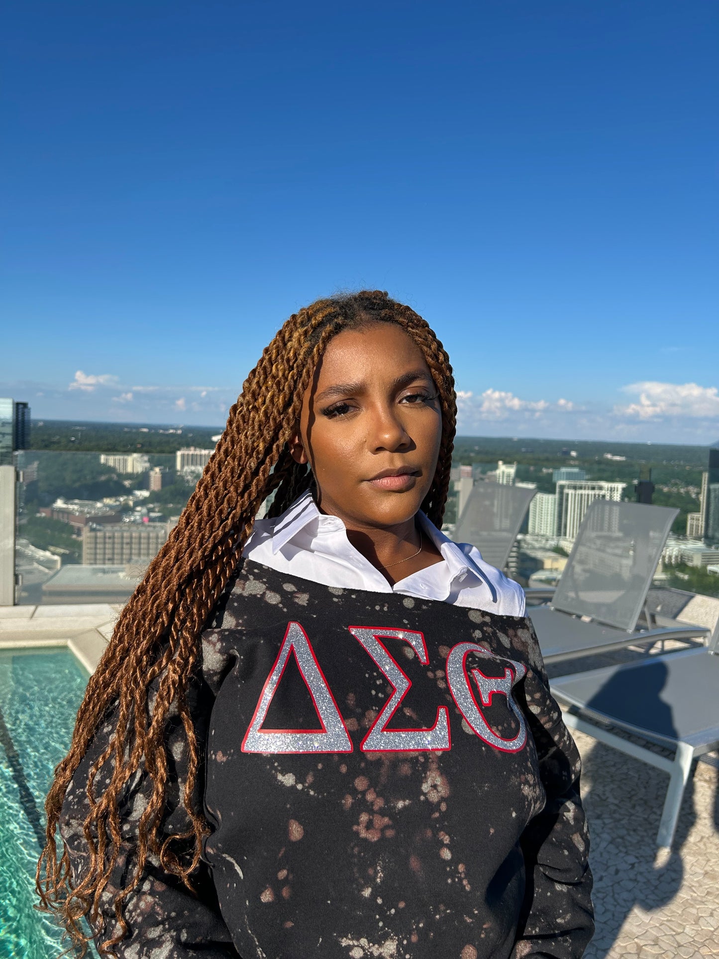 The Starlette Black Handmade Silver Glitter Red ΔΣΘ DST Greek Symbols on Black Dyed Sweatshirt