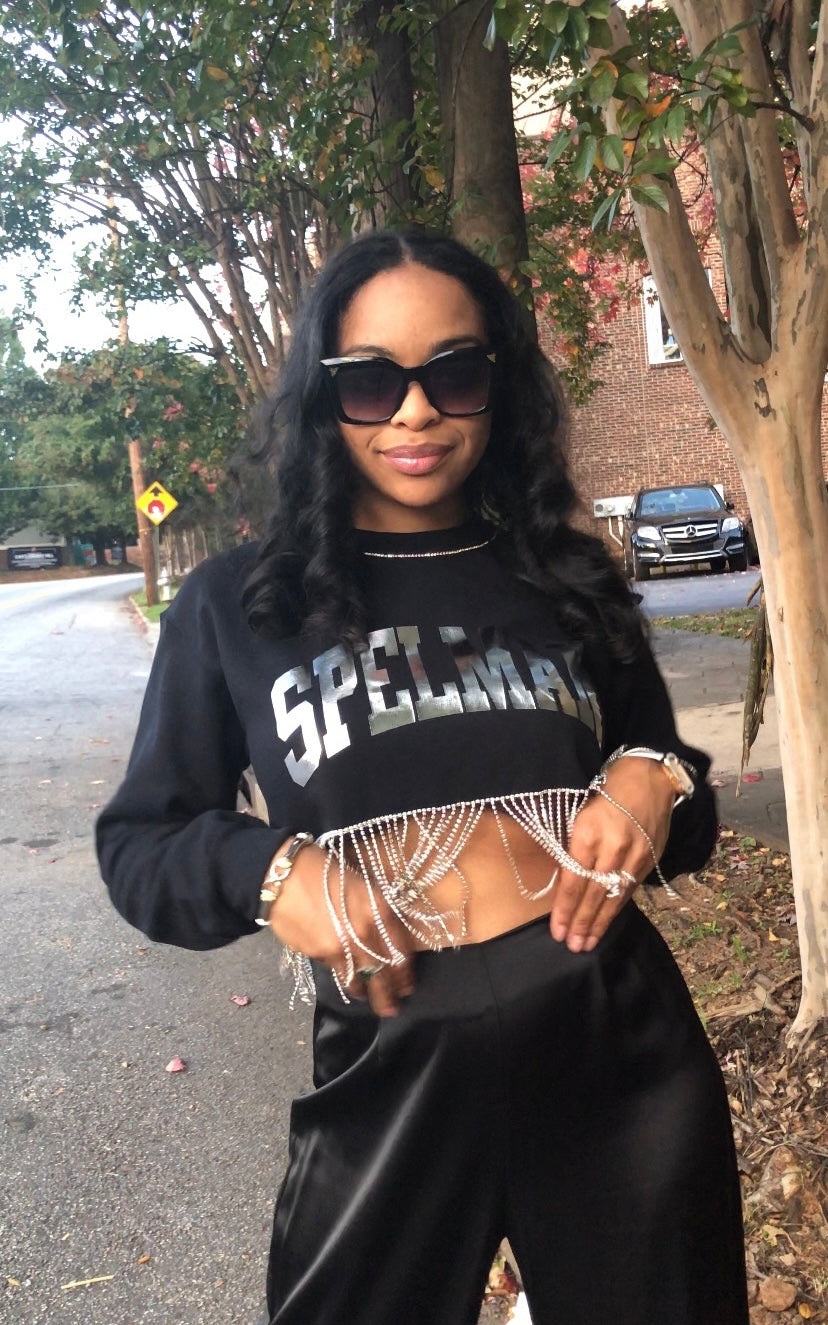 Black cropped Spelman sweatshirt with rhinestone fringe and rhinestone trim
