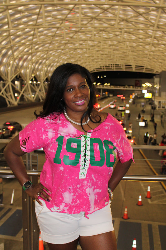 1908 AKA Popstar Hot Pink with Green Lace Up T-Shirt , 1908 AKA  Lace Up T-Shirt
