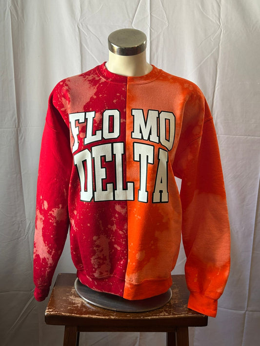 Sweatshirt with 'FLO MO DELTA' text on a mannequin against a white background