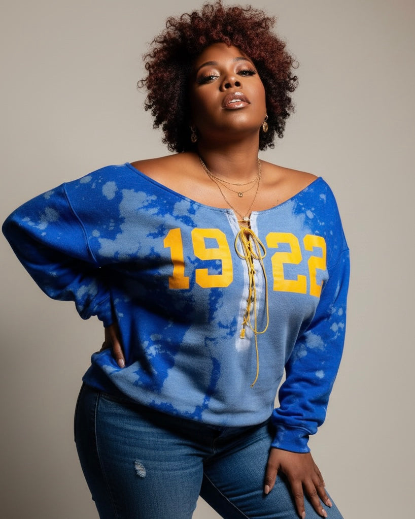 Sigma Gamma Rho 1922 lace up sweatshirt, gold and blue Greek apparel, sorority lace up crewneck, hand bleached collegiate sweater, SGRho custom clothing, yellow varsity letters, handmade Greek wear