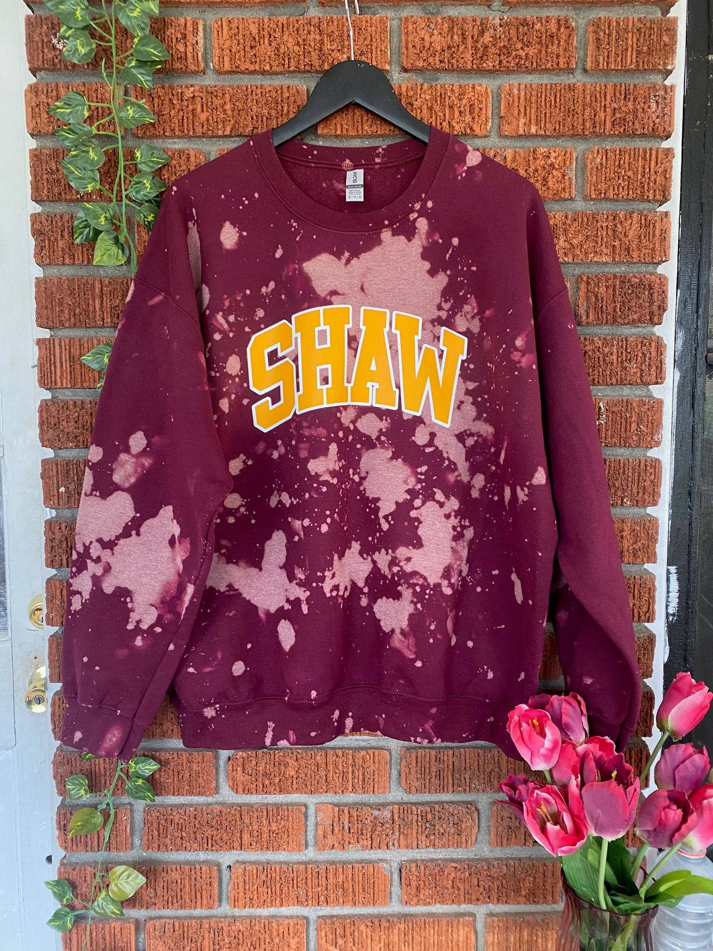 Shaw University Off Shoulder Hand Dyed Full Length Sweatshirt Maroon Design