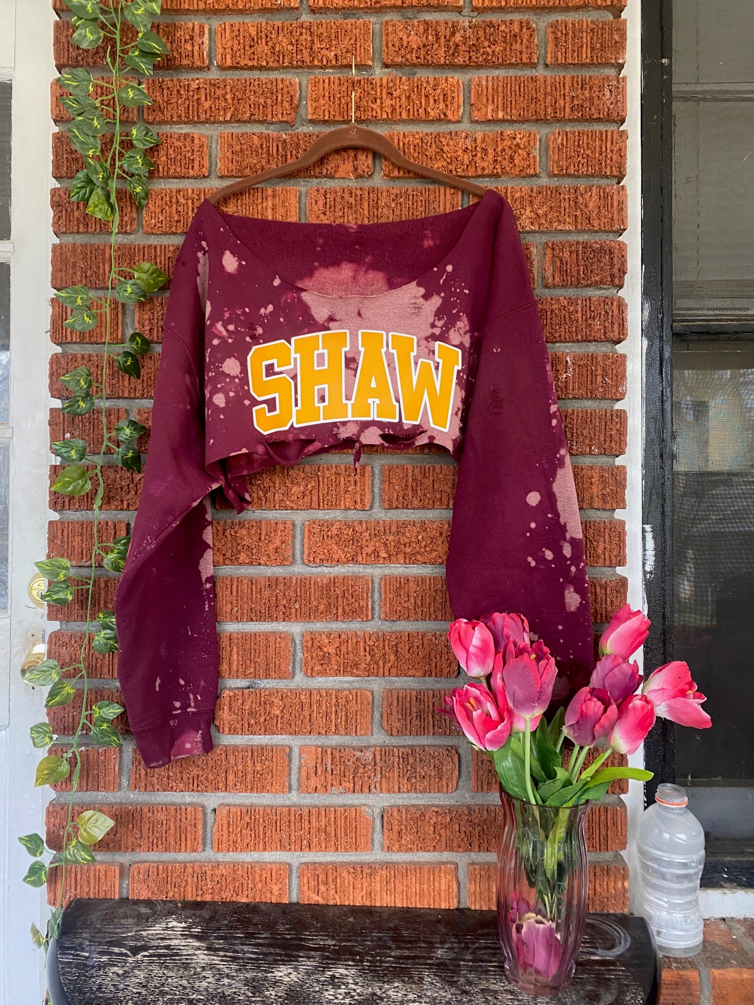 Shaw University Off Shoulder Hand Dyed Super Crop Sweatshirt Maroon Design