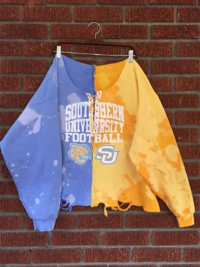 Handmade Southern University Football Half and Half Lace Up Hand-Bleached Sweatshirt