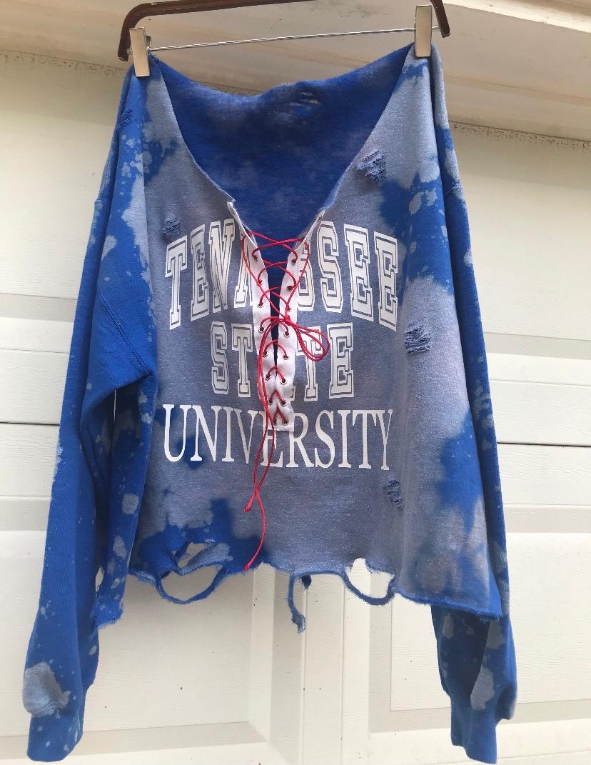 Handmade Tennessee State University Lace-Up Off-Shoulder Sweatshirt