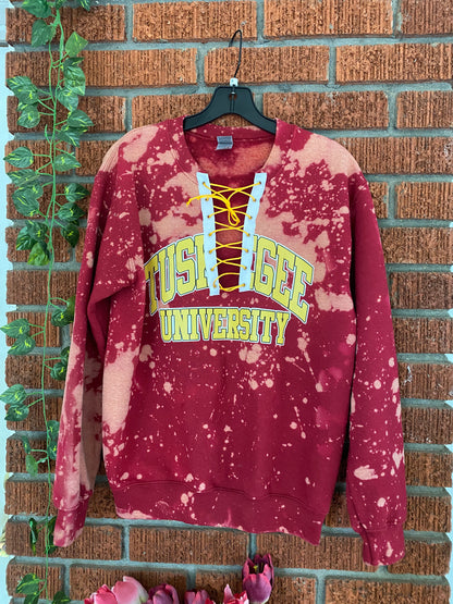 Handmade Tuskegee University Crimson Gold Hand Bleached U Neck Lace Up Sweatshirt