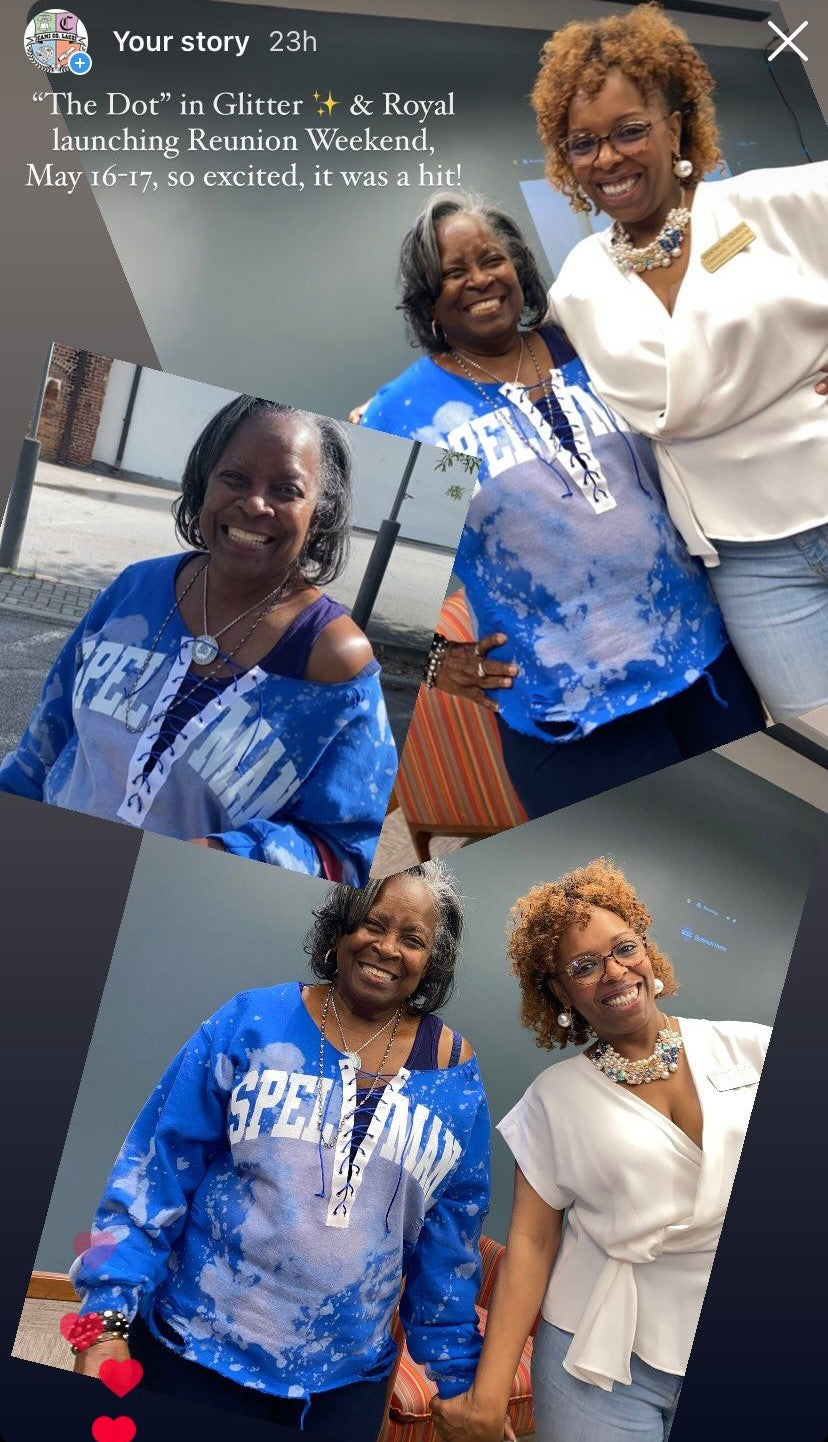 “The Dot” Ms. Dottie’s Spelman Glitter on Royal Lace Up Sweatshirt