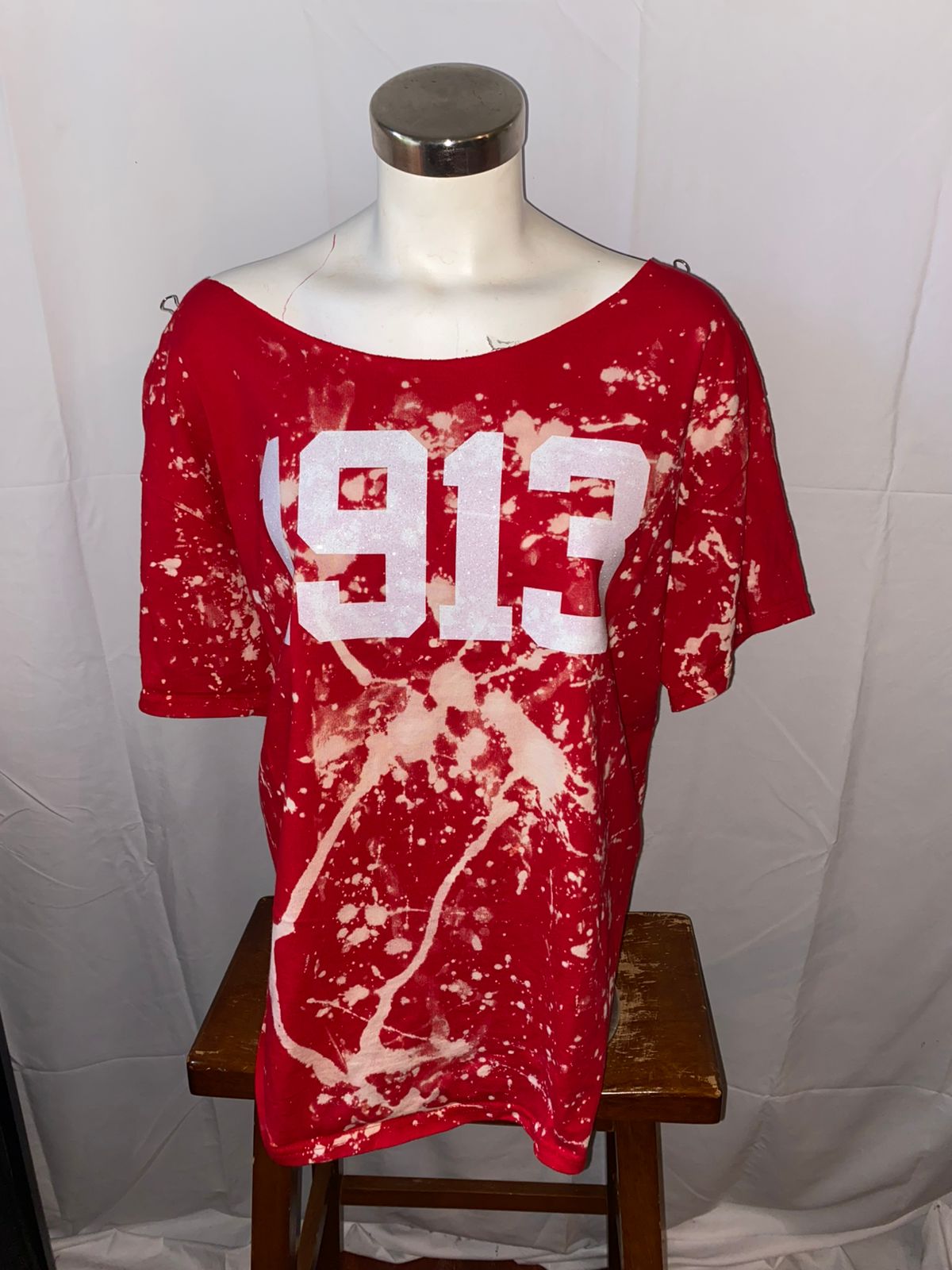 Glitter! Handmade 1913 Red Hand Bleached Crewneck or Off Shoulder T-Shirt