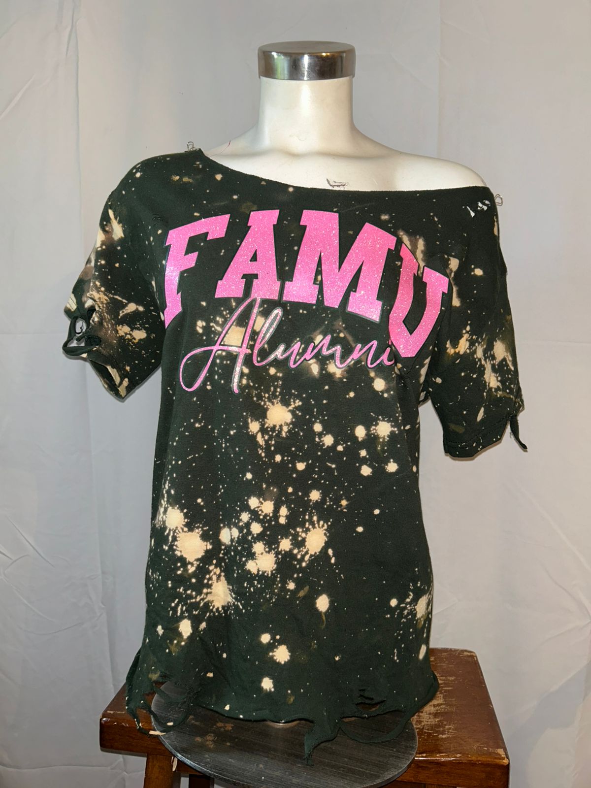 Handmade FAMU Alumni Hot Pink Glitter on Forest Bleached Crew Neck or Off-Shoulder T-Shirt