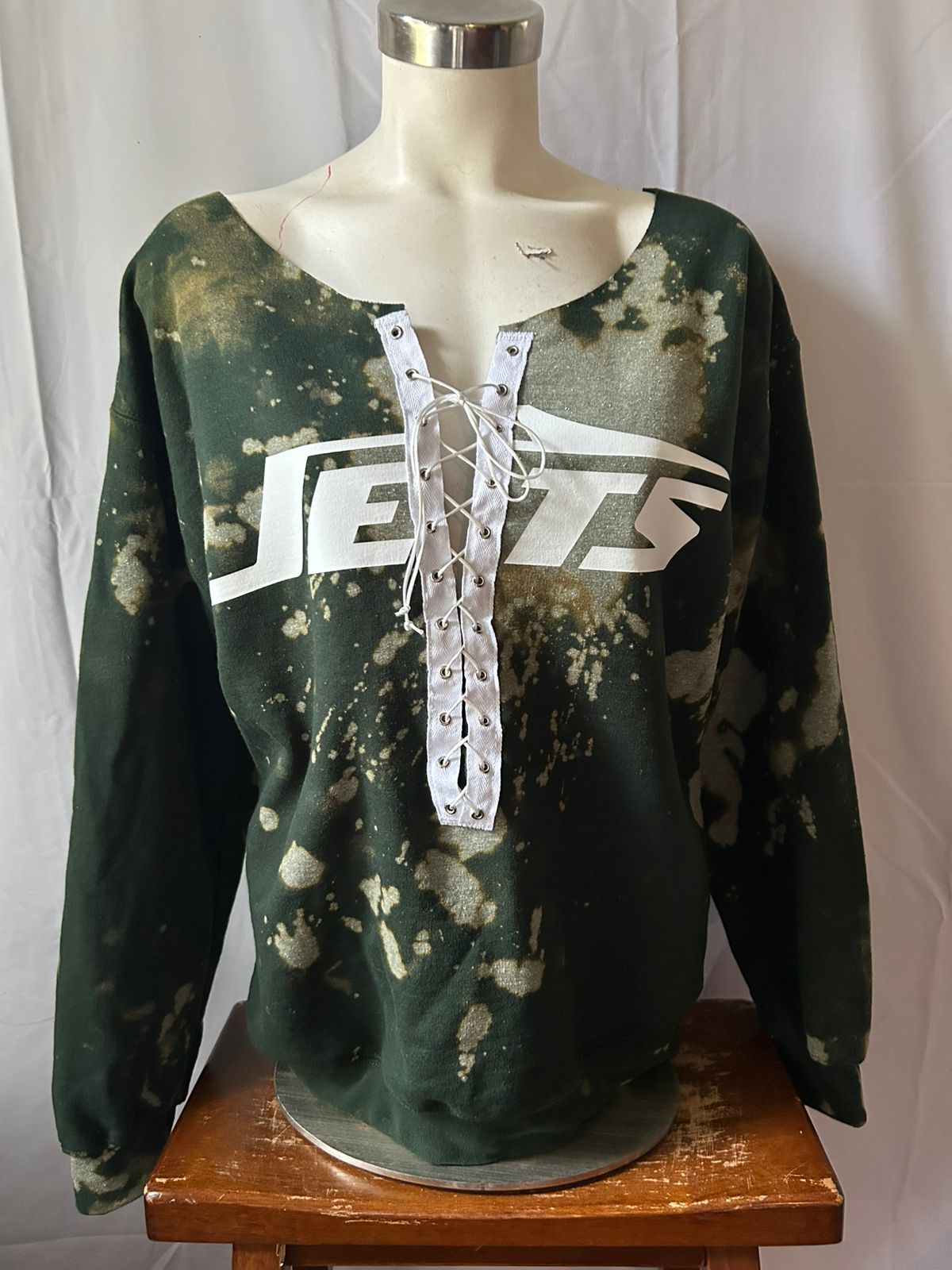 Handmade New York Jets Lace Up Forest Bleached Sweatshirt