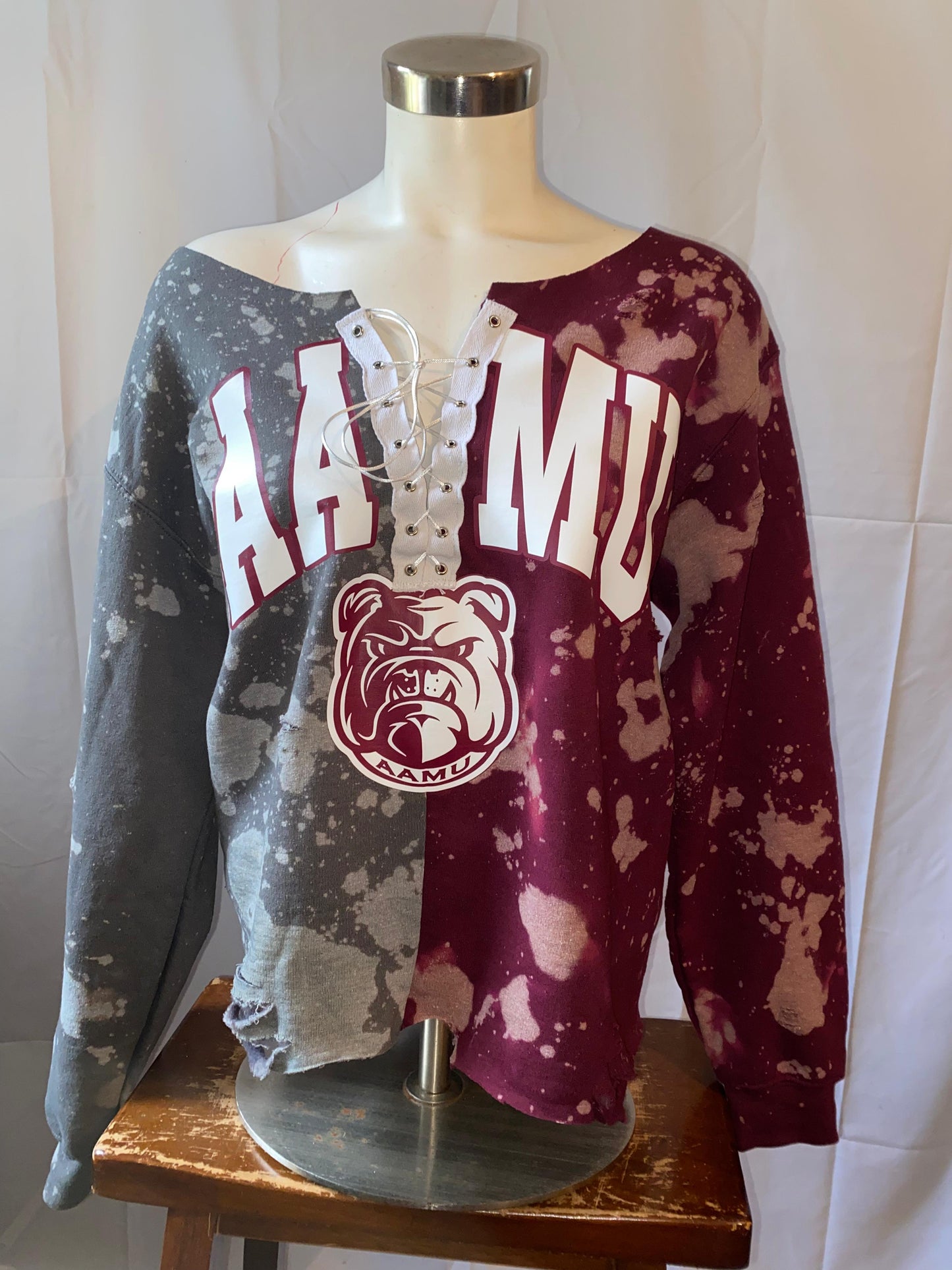 Handmade Alabama A&M Custom Charcoal Maroon Hand Bleached Half and Half Off Shoulder Lace Up Sweatshirt
