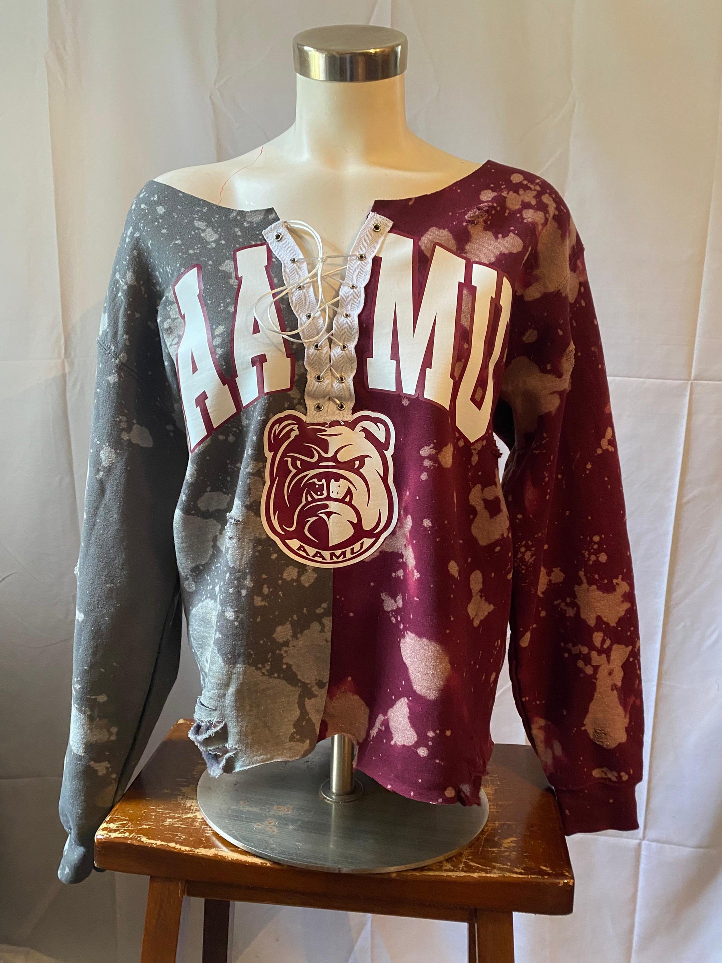 Handmade Alabama A&M Custom Charcoal Maroon Hand Bleached Half and Half Off Shoulder Lace Up Sweatshirt