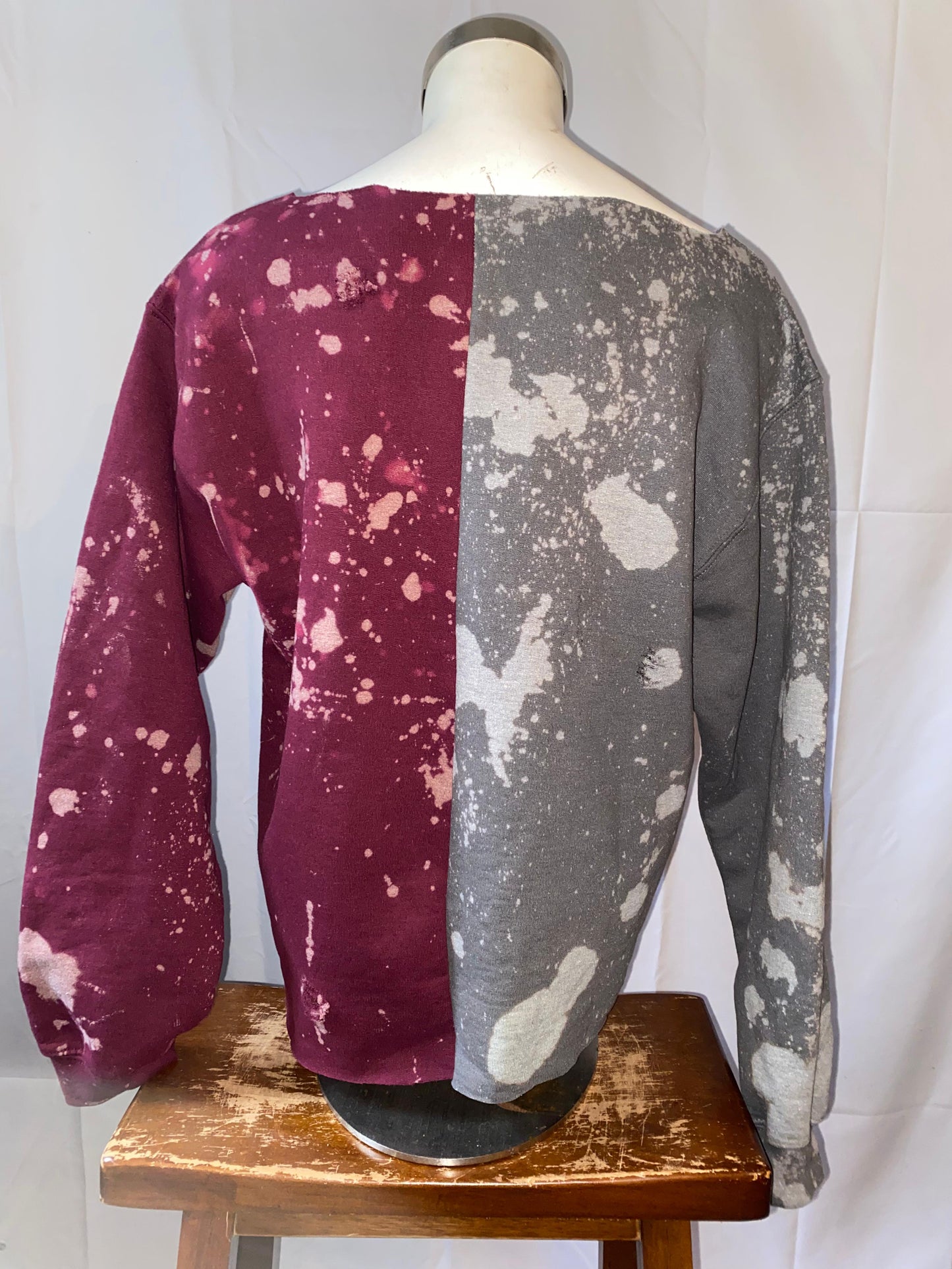 Handmade Alabama A&M Custom Charcoal Maroon Hand Bleached Half and Half Off Shoulder Lace Up Sweatshirt