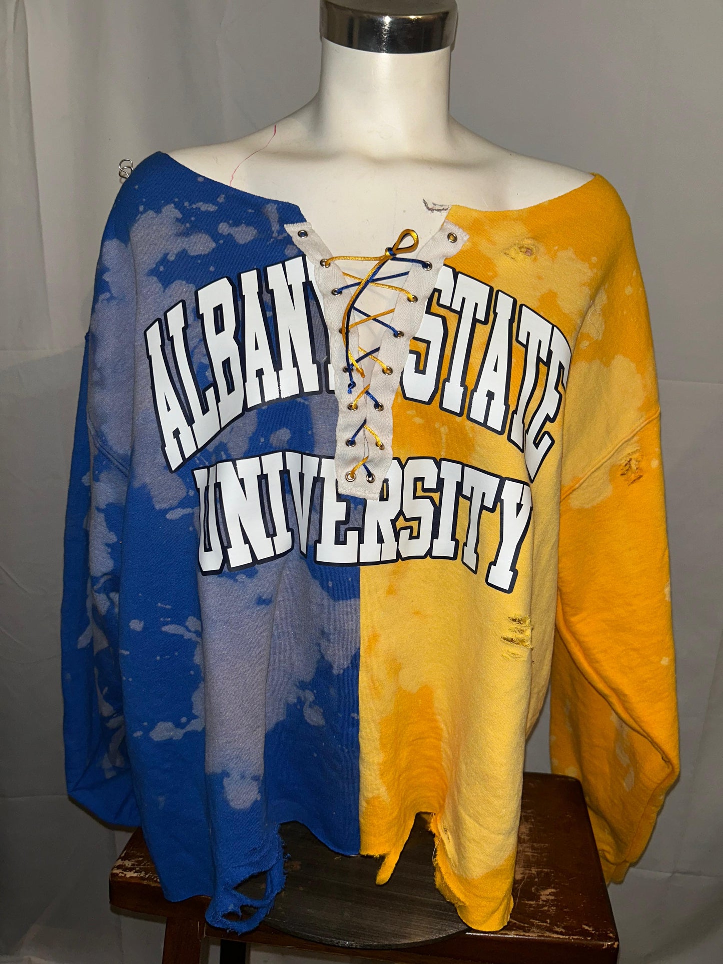 Handmade Albany State University Half and Half Off-Shoulder Lace-Up Sweatshirt