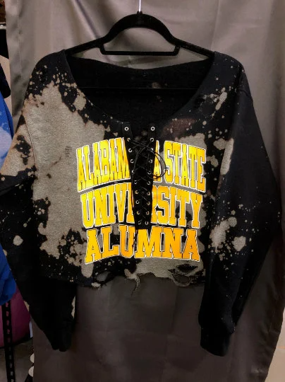 Handmade Alabama State University Alumna Distressed Lace Up Cropped Sweatshirt