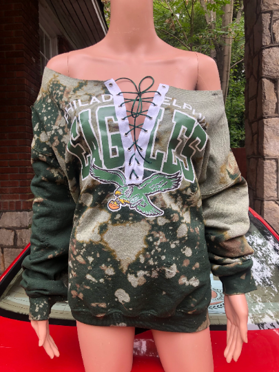 Handmade Philadelphia Eagles Vintage Bird Distressed Lace Up Off Shoulder Sweatshirt