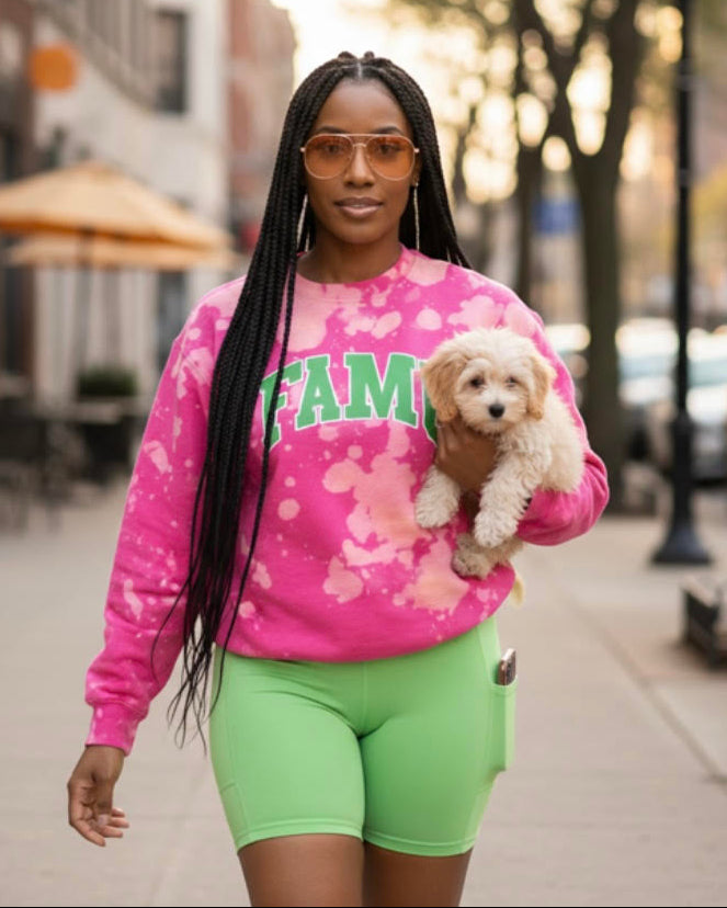 A stylish young Black woman wearing a hand-bleached pink sweatshirt with “FAMU” in green lettering, walking on a city sidewalk and holding a small cream-colored puppy.
