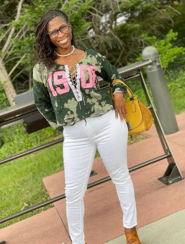 The Signature "Girls Night Out" Forest 1908 Stonewash Off-Shoulder Corset Sweatshirt