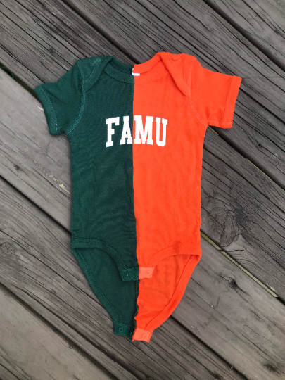Handmade FAMU Baby Half and Half Orange Forest Bleached or Solid Rib Onesie Bodysuit
