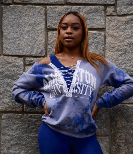 Hampton University Royal Blue White Vintage Sweater Sweatshirt Lace Up Hand Bleach HU Handmade Seal Distress Custom 1868