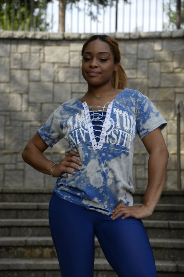 Hampton University Royal Carolina Baby Blue Tee White T-Shirt Lace Up HU Seal Handmade Off Shoulder Custom 1868