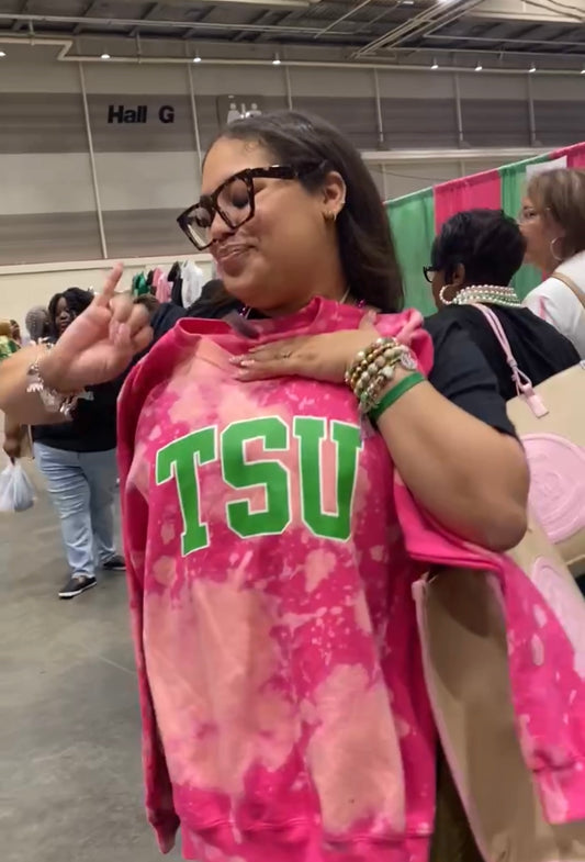 Texas State TSU pink and green AKA Alpha Kappa Alpha Sweatshirt hand bleached handmade sweater