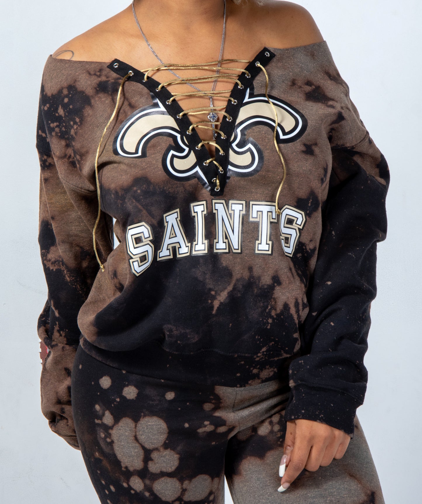 Handmade New Orleans Saints "Flower Saints" Lace Up Sweatshirt