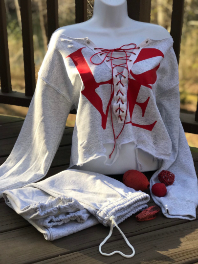 Handmade LOVE Lace Up Sweatshirt Lightly Distressed