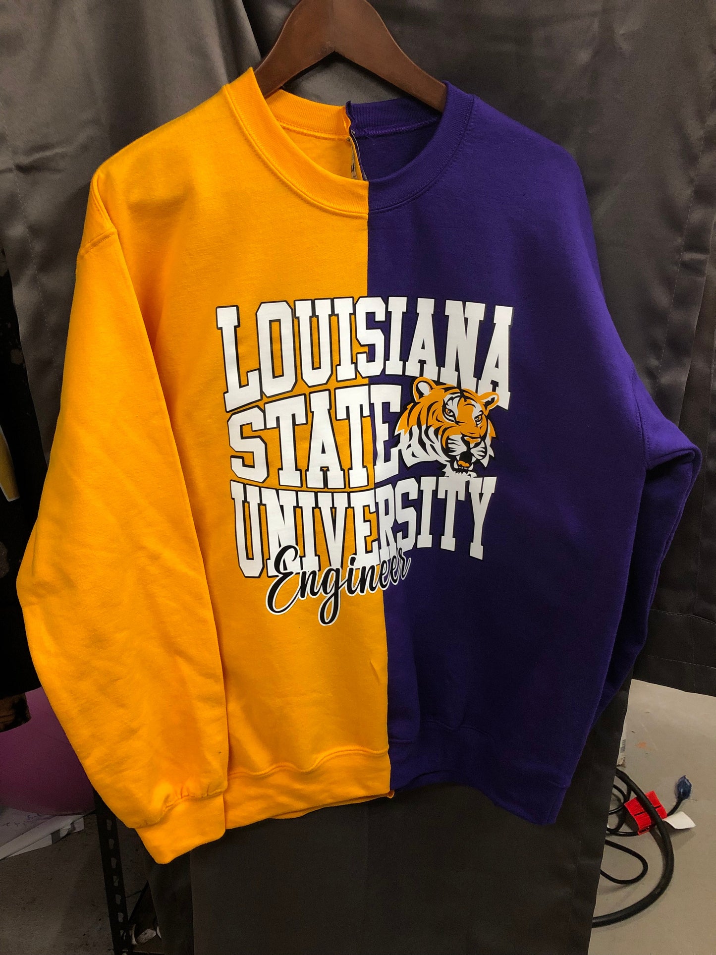 Handmade Louisiana State Engineer Purple Gold Half and Half Crewneck Sweater