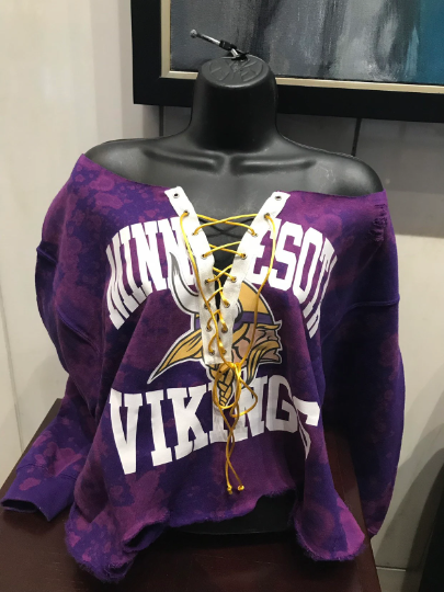 Handmade Minnesota Vikings Lace Up Distressed Crop Off Shoulder Sweatshirt