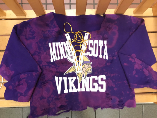 Handmade Minnesota Vikings Lace Up Distressed Crop Off Shoulder Sweatshirt