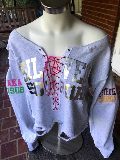 Custom Handmade SILVER SOROR Double Sleeve Design Lace-Up Off-Shoulder Sweatshirt